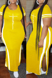 Robe jaune mode décontractée grande taille imprimé fente col rond manches courtes