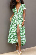 Green Fashion Casual Print Slit V Neck Short Sleeve Dress