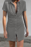 Grey Casual Solid Patchwork Buckle Fold Turndown Collar One Step Skirt Dresses