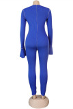 ブルー ファッション カジュアル ソリッド くり抜き パッチワーク V ネック スキニー ジャンプスーツ