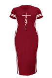 Lila Mode Casual Plus Size Print Schlitz O-Ausschnitt Kurzarm Kleid