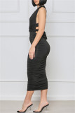 Black Fashion Sexy Solid Backless Fold V-hals Mouwloze Jurk