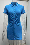ブルー カジュアル ソリッド パッチワーク バックル フォールド ターンダウン カラー ワンステップ スカート ドレス