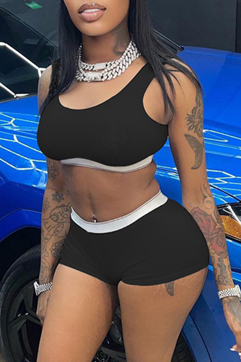 

Black Casual Sportswear Solid Split Joint O Neck Sleeveless Two Pieces