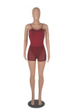 Burgundy Sexy Solid Mesh Spaghetti Strap Sleeveless Two Pieces