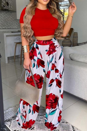 Red Fashion Casual Print Basic O Neck Short Sleeve Two Pieces