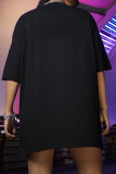 Vestido de camiseta con cuello en O básico con estampado casual de moda caqui Vestidos