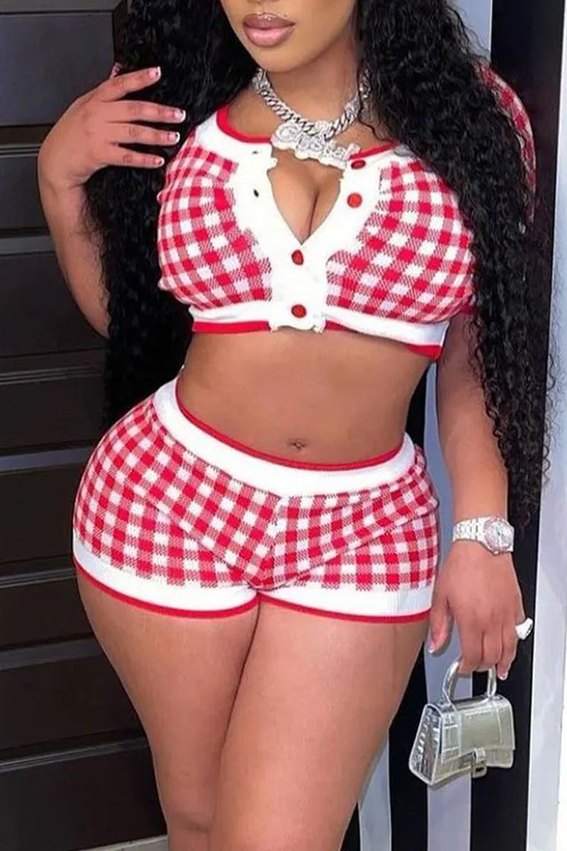 

Red Sexy Plaid Print Split Joint Buckle Short Sleeve Two Pieces