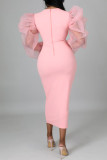Roze mode casual effen patchwork O-hals jurken met lange mouwen