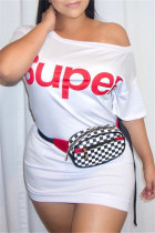ホワイト ファッション カジュアル レター プリント ベーシック 斜め襟 半袖 ドレス ワンピース