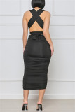Black Fashion Sexy Solid Backless Fold V Neck Sleeveless Dress