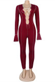 Burgundy Fashion Casual Solid Hollowed Out Patchwork V Neck Skinny Jumpsuits