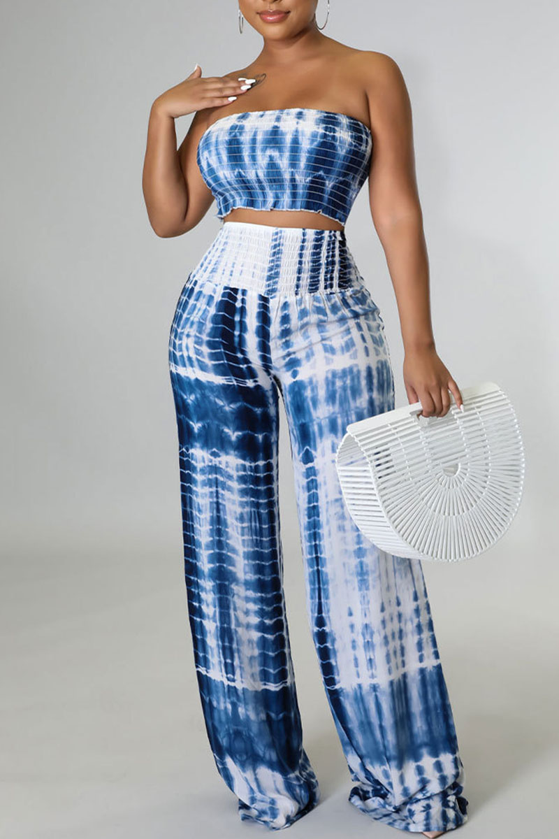 

Blue Casual Print Split Joint Strapless Sleeveless Two Pieces