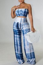 Blue Casual Print Patchwork Strapless Sleeveless Two Pieces