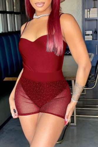 Burgundy Sexy Solid Mesh Spaghetti Strap Sleeveless Two Pieces