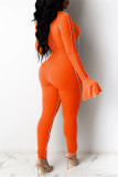Orange Fashion Casual Solid Hollowed Out Patchwork V Neck Skinny Jumpsuits