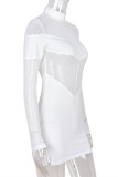 Robes blanches à manches longues et col roulé, Sexy, couleur unie, Patchwork transparent, demi-col roulé