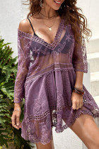Paarse sexy effen patchwork badkleding cover-up