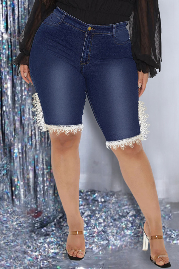 Azul profundo moda casual sólido retalhos magro cintura alta retalhos convencionais plus size shorts jeans