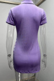 Light Purple Casual Solid Patchwork Buckle Fold Turndown Collar One Step Skirt Dresses