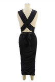Черное модное сексуальное однотонное платье без рукавов с открытой спиной и V-образным вырезом