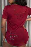 Burgundy Sexy Solid Ripped Hollowed Out Patchwork V Neck T-Shirts