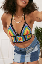 Black Sexy Print Hollowed Out Patchwork Halter Tops