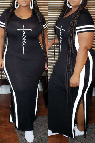 Black Fashion Casual Plus Size Print Slit O Neck Short Sleeve Dress