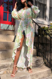 Lichtgroene zoete print patchwork asymmetrische off-shoulder jurk met print