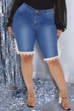 Pantalones cortos de mezclilla de talla grande de patchwork convencional de cintura alta ajustados de patchwork sólido casual de moda azul medio