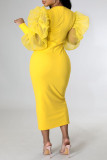 Yellow Fashion Casual Solid Patchwork O Neck Long Sleeve Dresses