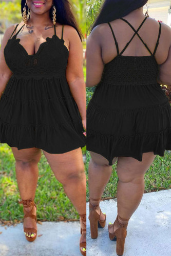 Mode noire Sexy dentelle solide dos nu pli col en V robe fronde robes grande taille