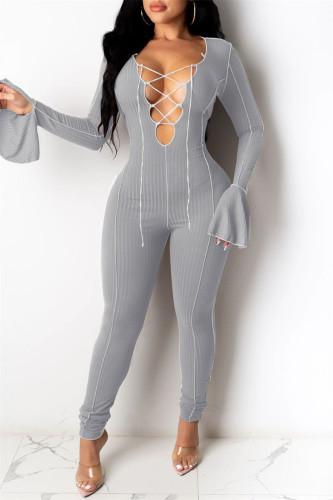 Grey Fashion Casual Solid Hollowed Out Patchwork V Neck Skinny Jumpsuits