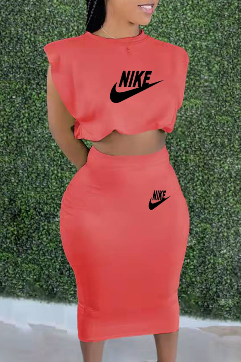

Pale Red Fashion Casual Print Split Joint O Neck Sleeveless Two Pieces