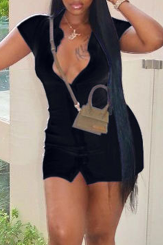 Black Sexy Solid Patchwork V Neck Pencil Skirt Dresses