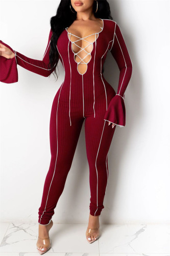 Burgundy Fashion Casual Solid Hollowed Out Patchwork V Neck Skinny Jumpsuits