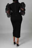 Черные модные повседневные однотонные лоскутные платья с круглым вырезом и длинными рукавами