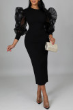 ブラックファッションカジュアルソリッドパッチワークOネック長袖ドレス