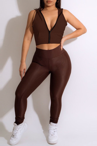 Brown Fashion Casual Solid Basic Hooded Collar Sleeveless Two Pieces