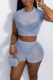 Light Blue Sexy Solid Patchwork See-through O Neck Short Sleeve Two Pieces