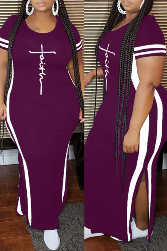 Purple Fashion Casual Plus Size Print Slit O Neck Short Sleeve Dress