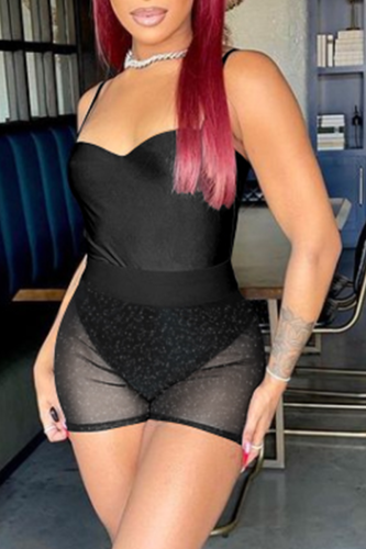 Black Sexy Solid Mesh Spaghetti Strap Sleeveless Two Pieces