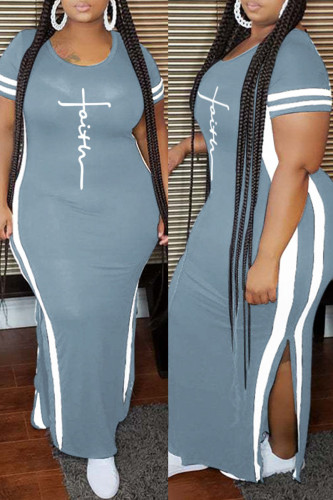 Grey Fashion Casual Plus Size Print Slit O Neck Short Sleeve Dress