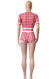 Red Sexy Plaid Print Patchwork Buckle Short Sleeve Two Pieces