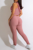Colletto con cappuccio semplice basic casual alla moda rosa senza maniche in due pezzi