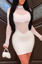 ホワイトファッションセクシーなソリッドパッチワークシースルーハーフタートルネック長袖ドレス