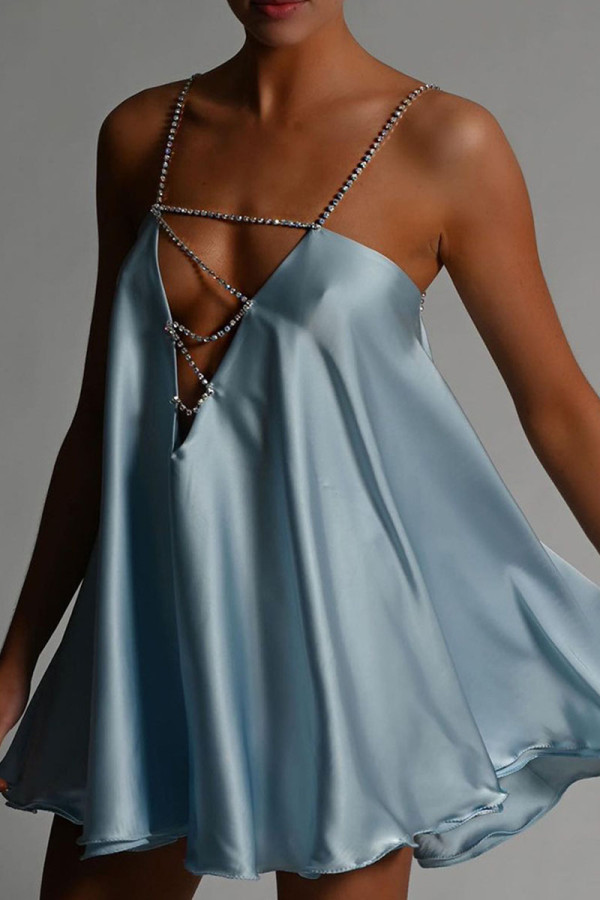 Lichtblauwe sexy effen patchworkkettingen asymmetrische spaghettibandjes A-lijn jurken