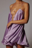 Light Purple Sexy Solid Patchwork Chains Asymmetrical Spaghetti Strap A Line Dresses