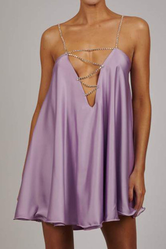 Chaînes de patchwork solides sexy violet clair bretelles spaghetti asymétriques robes de ligne A