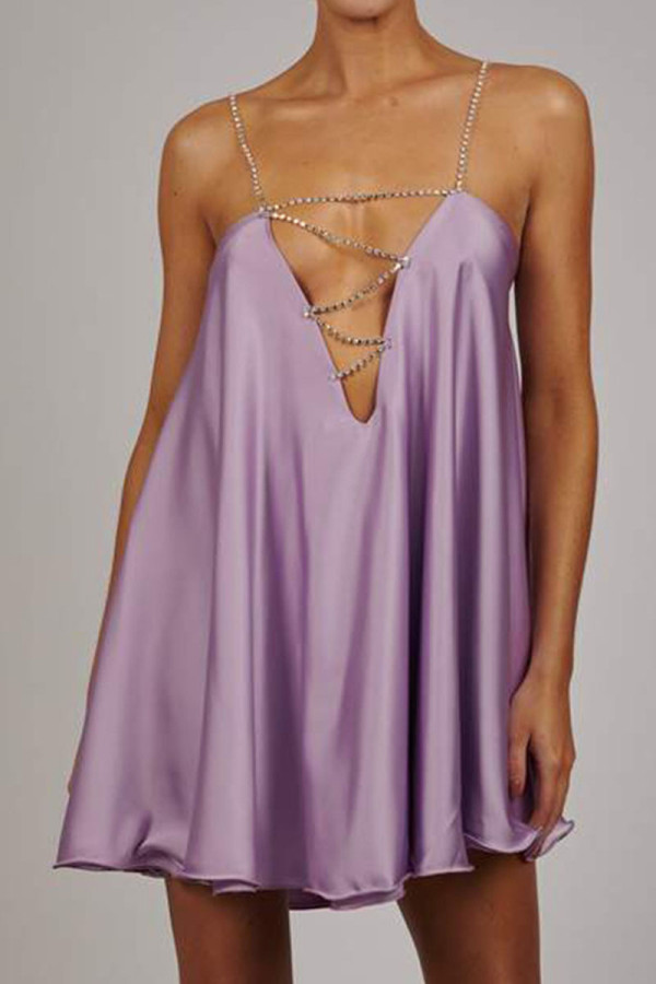 Светло-фиолетовые сексуальные однотонные лоскутные цепи Асимметричные платья на тонких бретелях